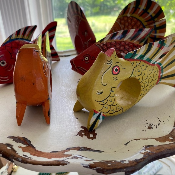 Set of 6 Hand Painted Wooden Tropical Fish Napkin Rings Holders Vintage - Picture 3 of 16